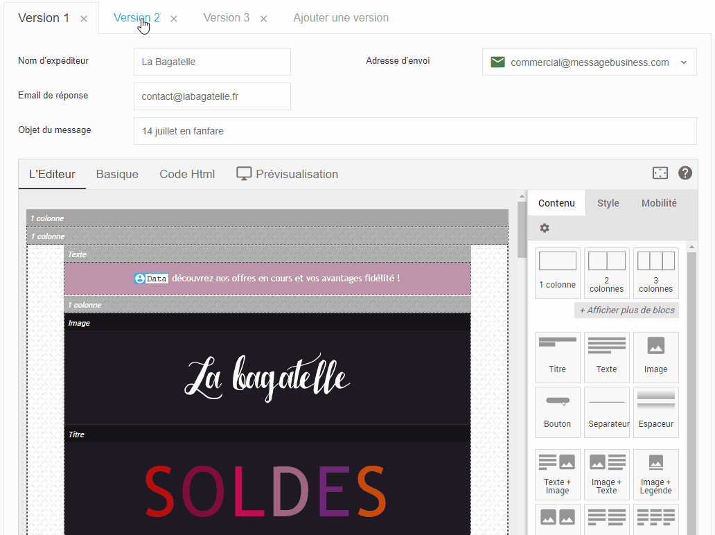 Gif de trois versions d'un mail dans le but de les comparer