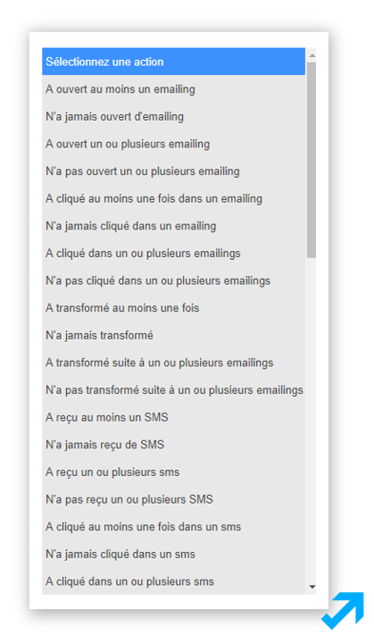 Multiples choix d'actions de segmentation dans l'application Message Business