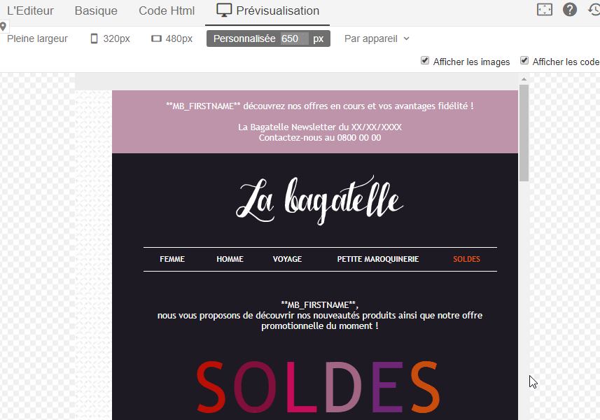 Application Message Business et sa prévisualisation responsive