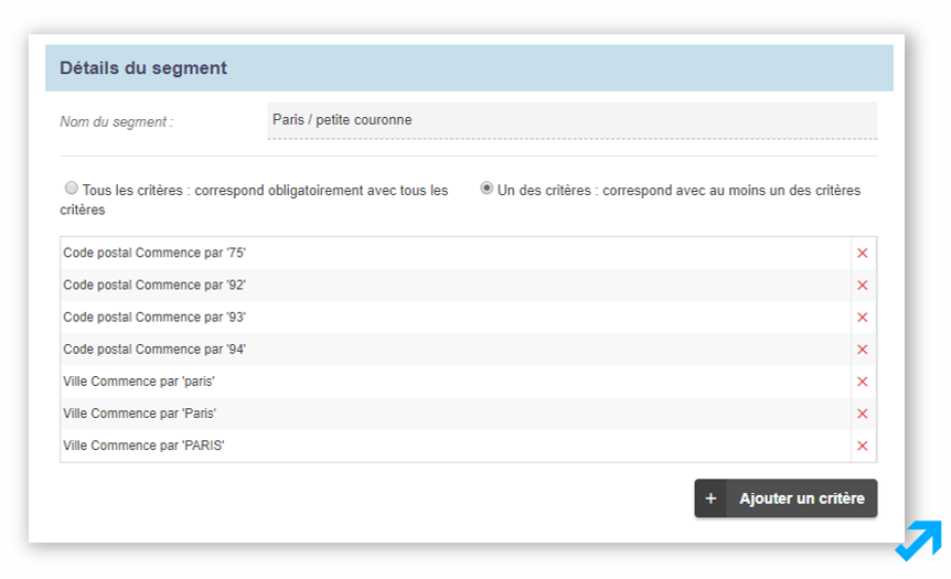 Capture d'écran de l'application Message Business représentant divers types de segments