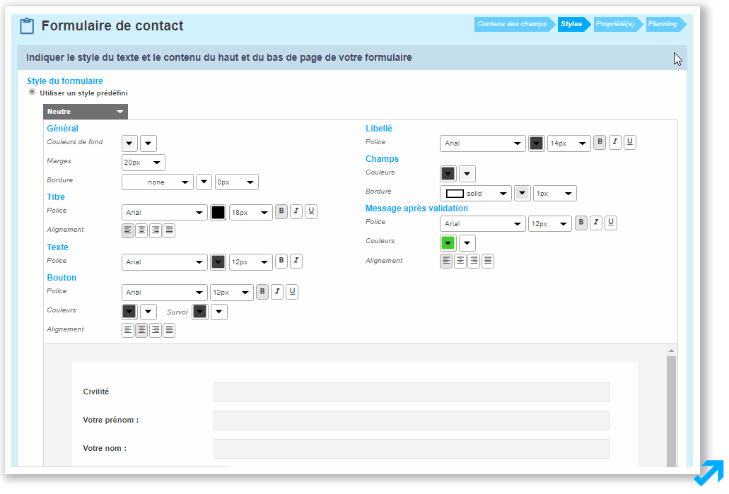 Edition de formulaires de contact dans l'application Message Business