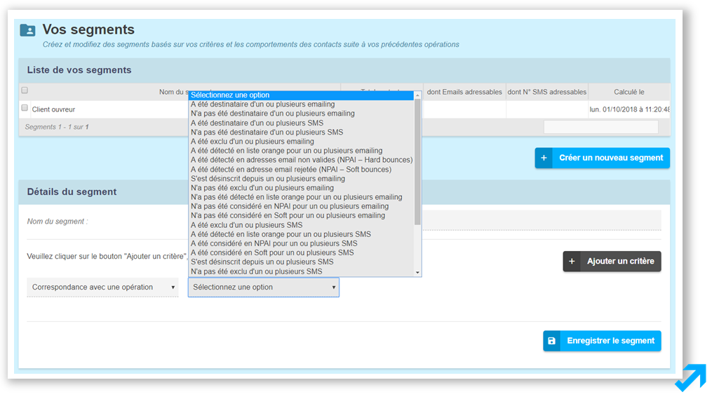 Liste de segments dans l'application Message Business