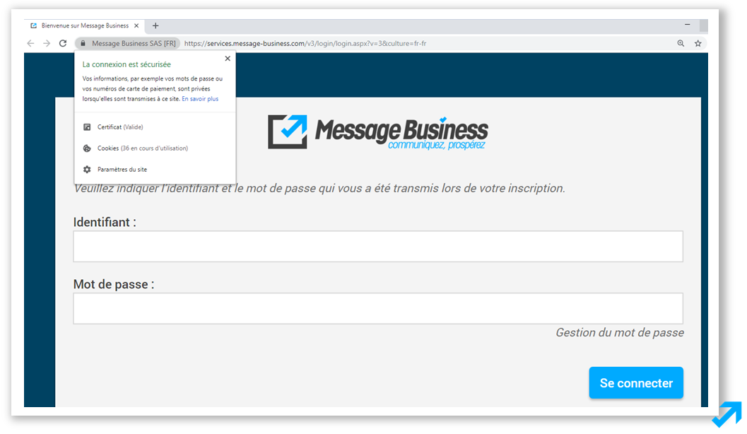 Module de connexion à l'application sécurisée Message Business