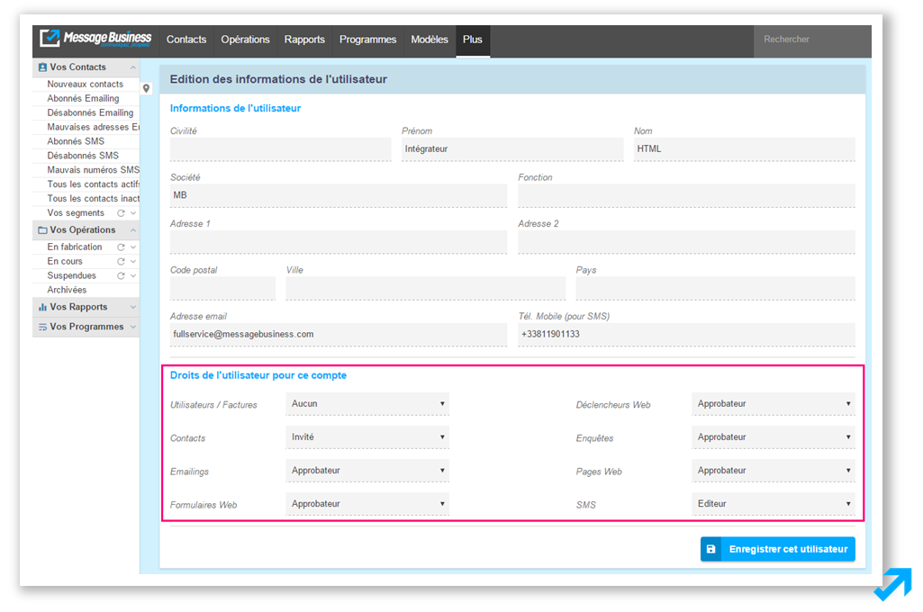 Edition de droits utilisateurs dans l'application Message Business