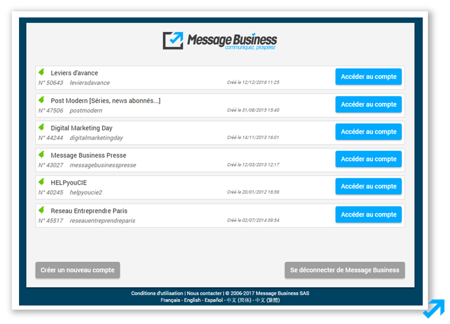 Interface de connexion à vos différents comptes dans l'application Message Business