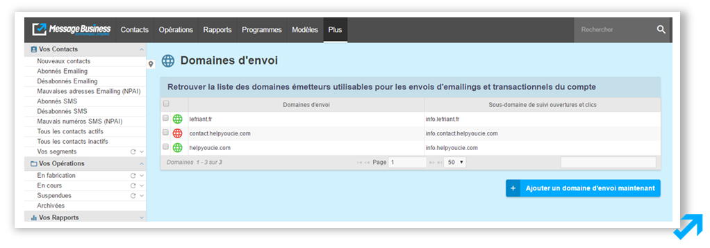 Gestion multidomaine d'envoi dans l'application Message Business