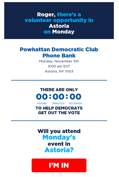Exemple d'emailing personnalisé avec localisation envoyé pendant la campagne des midterms 2018 par les démocrates