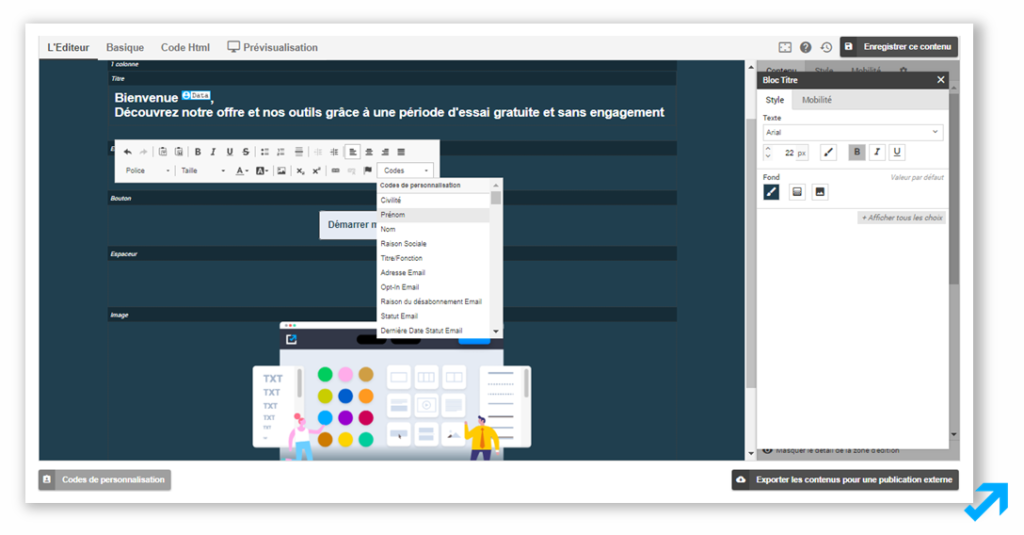 Exemple de Landing Page créée grâce à l'Editeur Message Business avec codes de personnalisation
