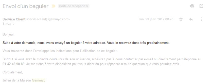 Emailing d'envoi d'un baguier Gemmyo