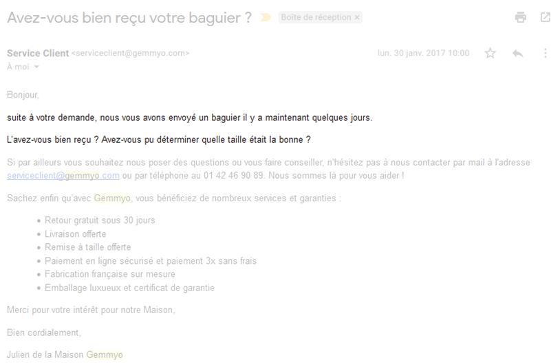 Emailing de confirmation de réception d'un baguier Gemmyo